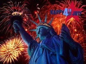 statue of liberty graphic in front of fireworks for 4th of july
