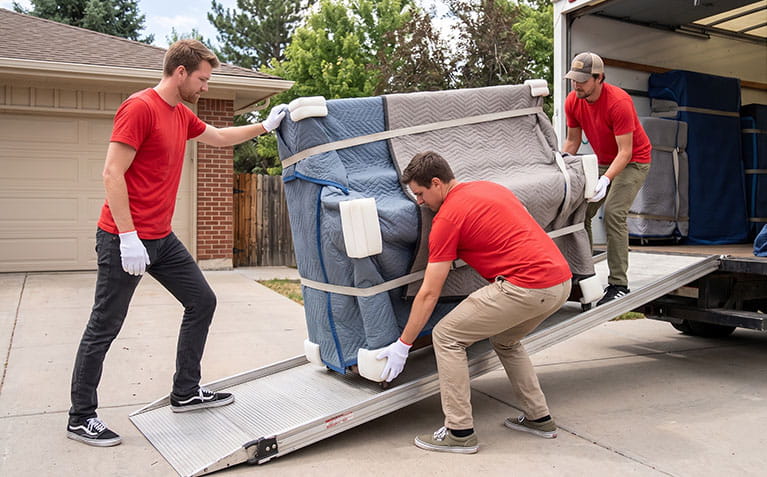 Professional movers unloading a truck in a Raleigh neighborhood